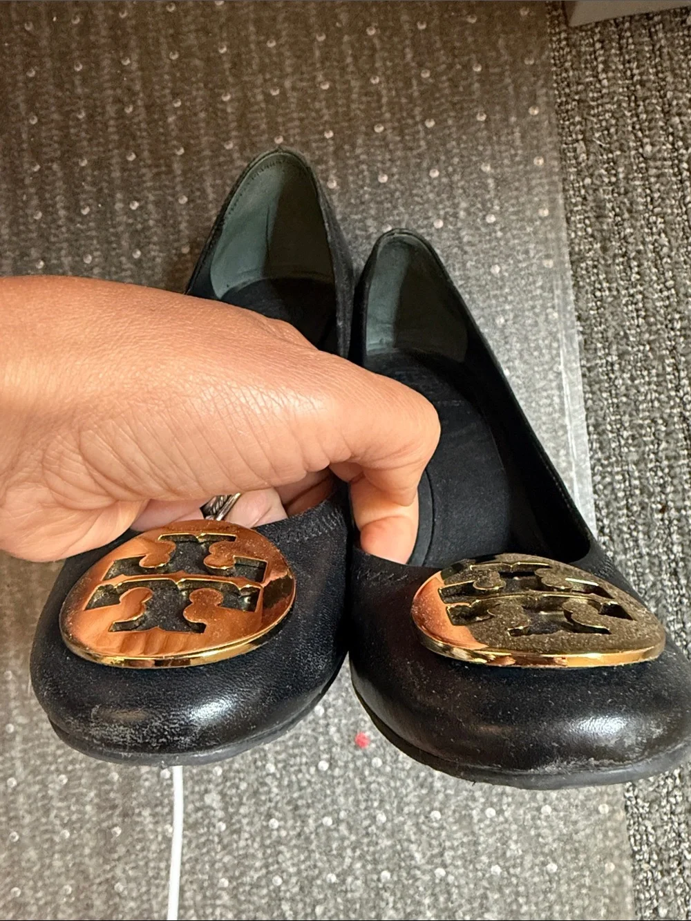 Tory Burch Black Leather Wedges with Gold Logo Medallion